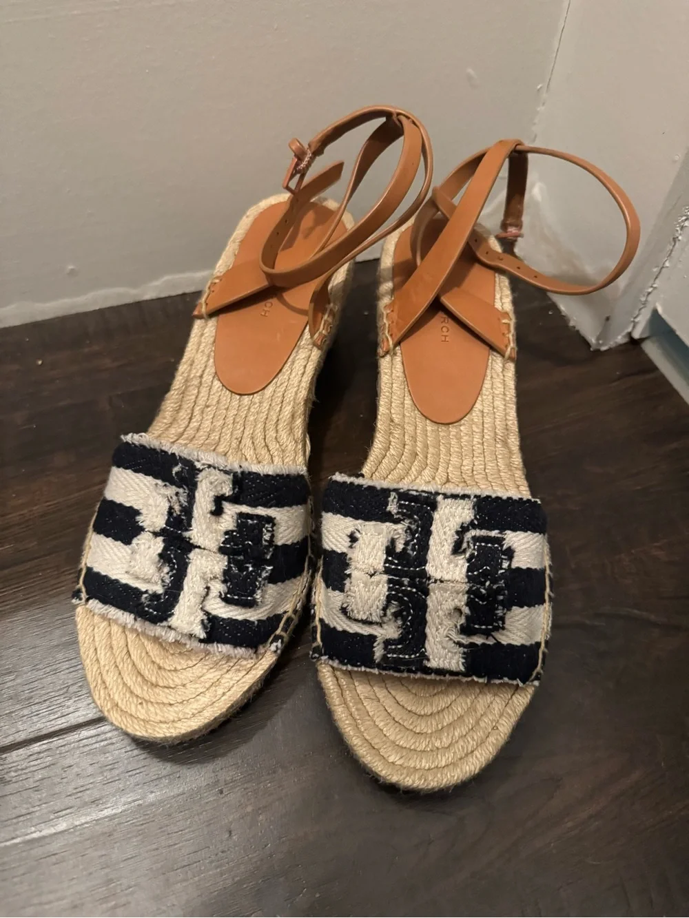Tory Burch Navy & Tan Striped Logo Espadrille Sandals